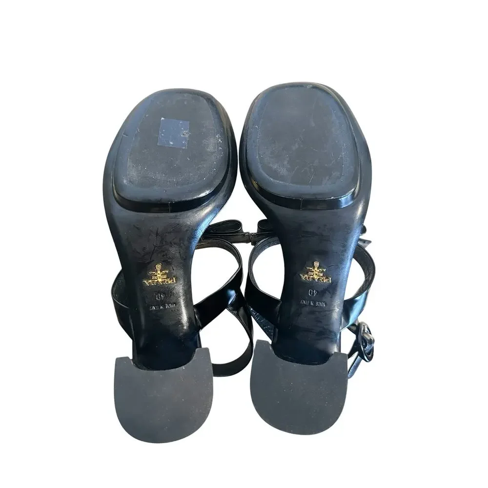 Prada Black Patent Leather T Strap Bow Open Toe Block Heel Sandals 40